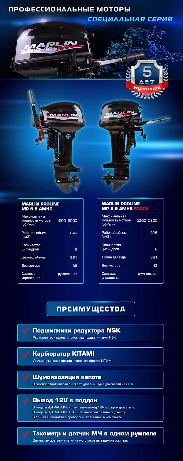 Лодочный мотор MARLIN PROLINE MP 9.9 (20) AMHS FORCE в Рыбинске